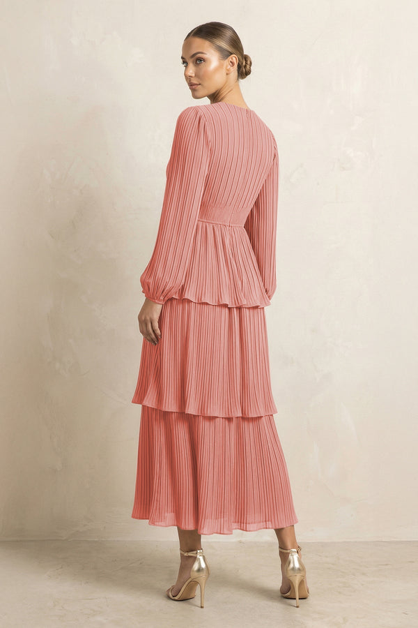 V - Neck Tiered A - Line Chiffon Midi Bridesmaid Dress in Mulberry - KissProm Bridesmaid Dresses