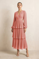 V - Neck Tiered A - Line Chiffon Midi Bridesmaid Dress in Mulberry - KissProm Bridesmaid Dresses