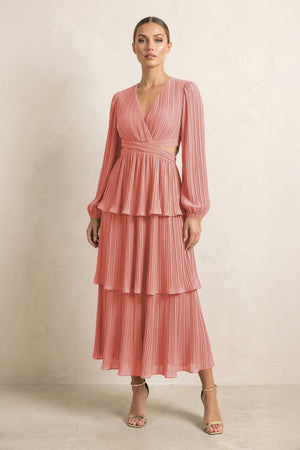 V - Neck Tiered A - Line Chiffon Midi Bridesmaid Dress in Mulberry - KissProm Bridesmaid Dresses