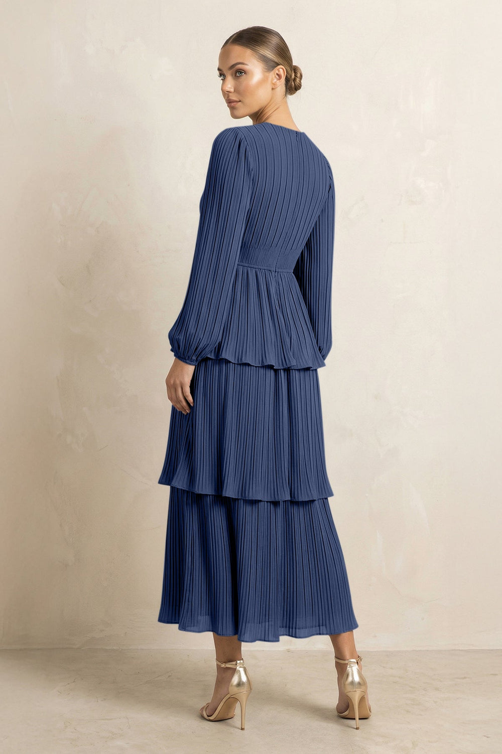 V - Neck Tiered A - Line Chiffon Midi Bridesmaid Dress in Navy - KissProm Bridesmaid Dresses