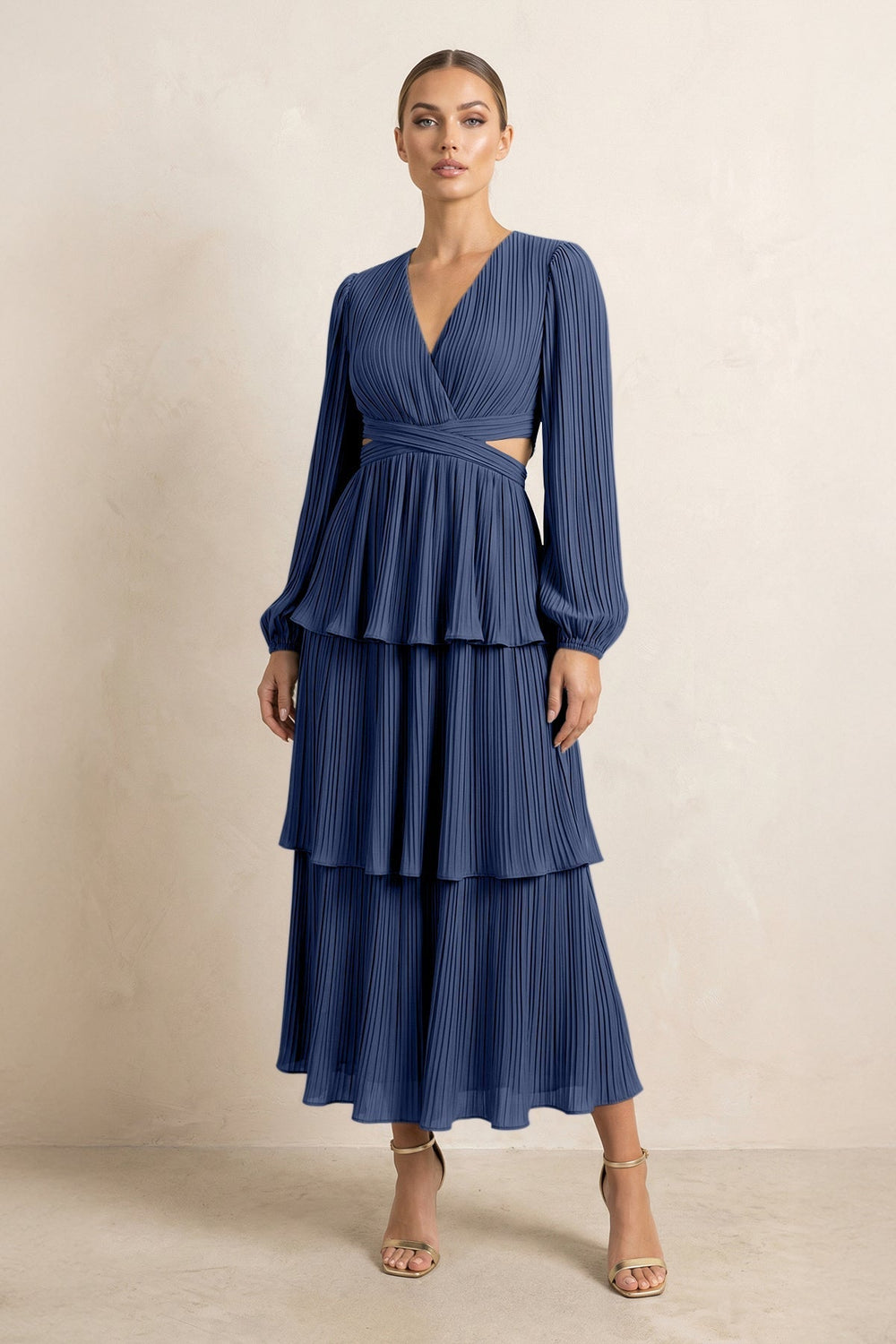 V - Neck Tiered A - Line Chiffon Midi Bridesmaid Dress in Navy - KissProm Bridesmaid Dresses