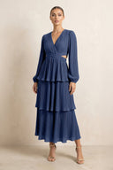 V - Neck Tiered A - Line Chiffon Midi Bridesmaid Dress in Navy - KissProm Bridesmaid Dresses