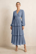 V - Neck Tiered A - Line Chiffon Midi Bridesmaid Dress in Neptune - KissProm Bridesmaid Dresses