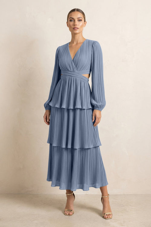 V - Neck Tiered A - Line Chiffon Midi Bridesmaid Dress in Neptune - KissProm Bridesmaid Dresses
