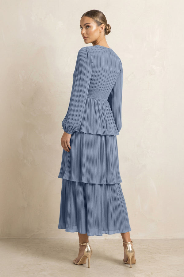 V - Neck Tiered A - Line Chiffon Midi Bridesmaid Dress in Neptune - KissProm Bridesmaid Dresses