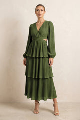 V - Neck Tiered A - Line Chiffon Midi Bridesmaid Dress in Olive - KissProm Bridesmaid Dresses