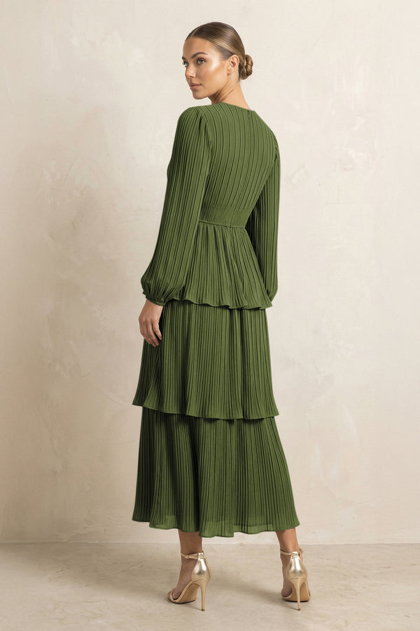 V - Neck Tiered A - Line Chiffon Midi Bridesmaid Dress in Olive - KissProm Bridesmaid Dresses