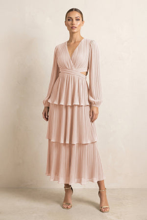 V - Neck Tiered A - Line Chiffon Midi Bridesmaid Dress in Pale Blush - KissProm Bridesmaid Dresses