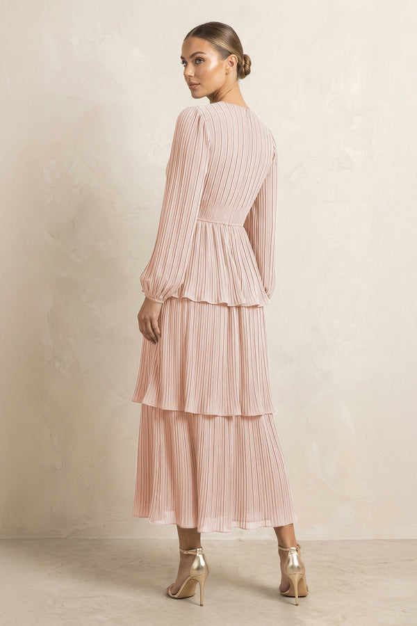 V - Neck Tiered A - Line Chiffon Midi Bridesmaid Dress in Pale Blush - KissProm Bridesmaid Dresses