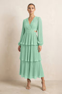 V - Neck Tiered A - Line Chiffon Midi Bridesmaid Dress in Pale Pistachio - KissProm Bridesmaid Dresses