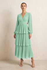 V - Neck Tiered A - Line Chiffon Midi Bridesmaid Dress in Pale Pistachio - KissProm Bridesmaid Dresses