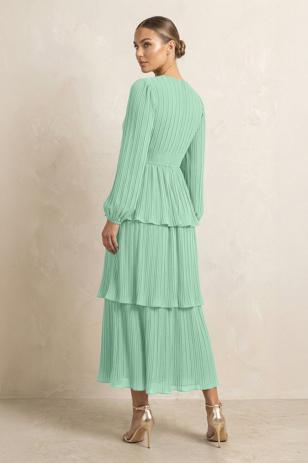 V - Neck Tiered A - Line Chiffon Midi Bridesmaid Dress in Pale Pistachio - KissProm Bridesmaid Dresses