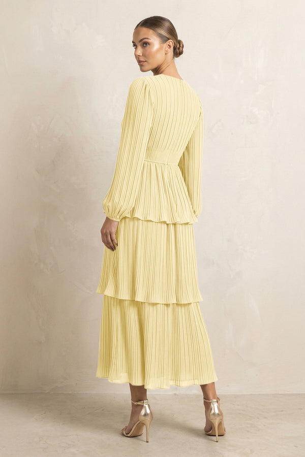 V - Neck Tiered A - Line Chiffon Midi Bridesmaid Dress in Pastel Yellow - KissProm Bridesmaid Dresses
