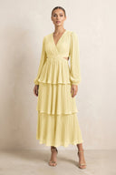 V - Neck Tiered A - Line Chiffon Midi Bridesmaid Dress in Pastel Yellow - KissProm Bridesmaid Dresses
