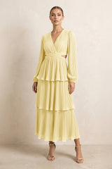 V - Neck Tiered A - Line Chiffon Midi Bridesmaid Dress in Pastel Yellow - KissProm Bridesmaid Dresses