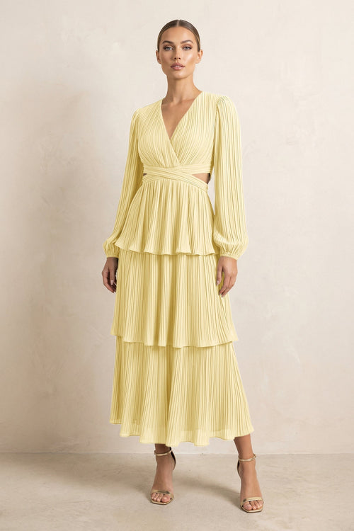 V - Neck Tiered A - Line Chiffon Midi Bridesmaid Dress in Pastel Yellow - KissProm Bridesmaid Dresses