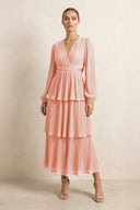 V - Neck Tiered A - Line Chiffon Midi Bridesmaid Dress in Rose Petal - KissProm Bridesmaid Dresses