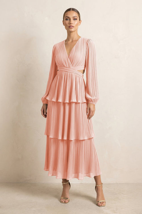 V - Neck Tiered A - Line Chiffon Midi Bridesmaid Dress in Rose Petal - KissProm Bridesmaid Dresses