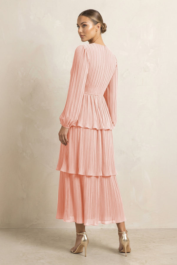 V - Neck Tiered A - Line Chiffon Midi Bridesmaid Dress in Rose Petal - KissProm Bridesmaid Dresses