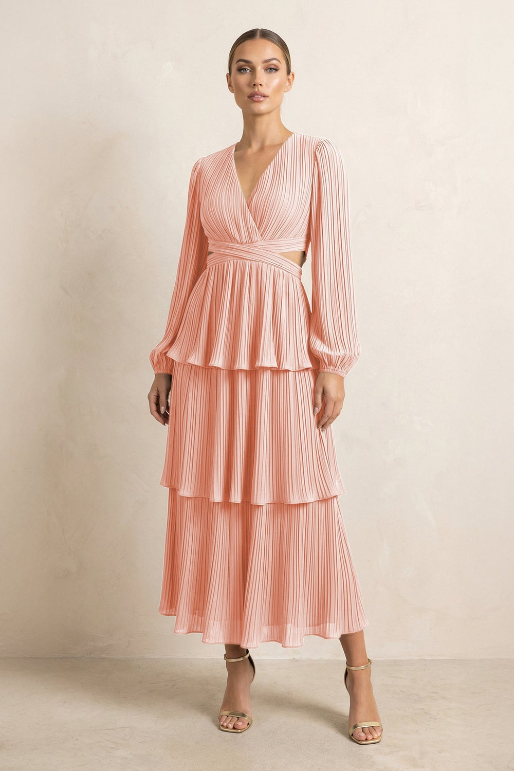 V - Neck Tiered A - Line Chiffon Midi Bridesmaid Dress in Rose Petal - KissProm Bridesmaid Dresses