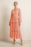 V - Neck Tiered A - Line Chiffon Midi Bridesmaid Dress in Rosette - KissProm Bridesmaid Dresses