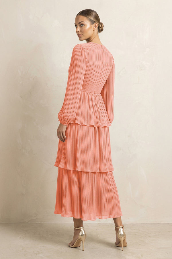 V - Neck Tiered A - Line Chiffon Midi Bridesmaid Dress in Rosette - KissProm Bridesmaid Dresses