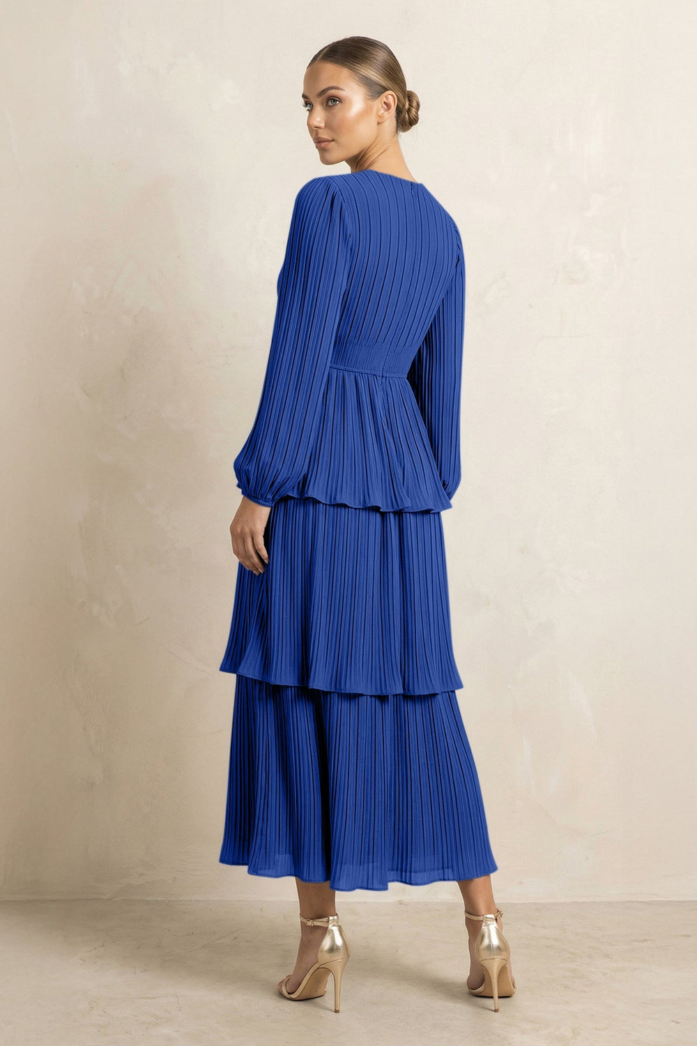 V - Neck Tiered A - Line Chiffon Midi Bridesmaid Dress in Royal Blue - KissProm Bridesmaid Dresses
