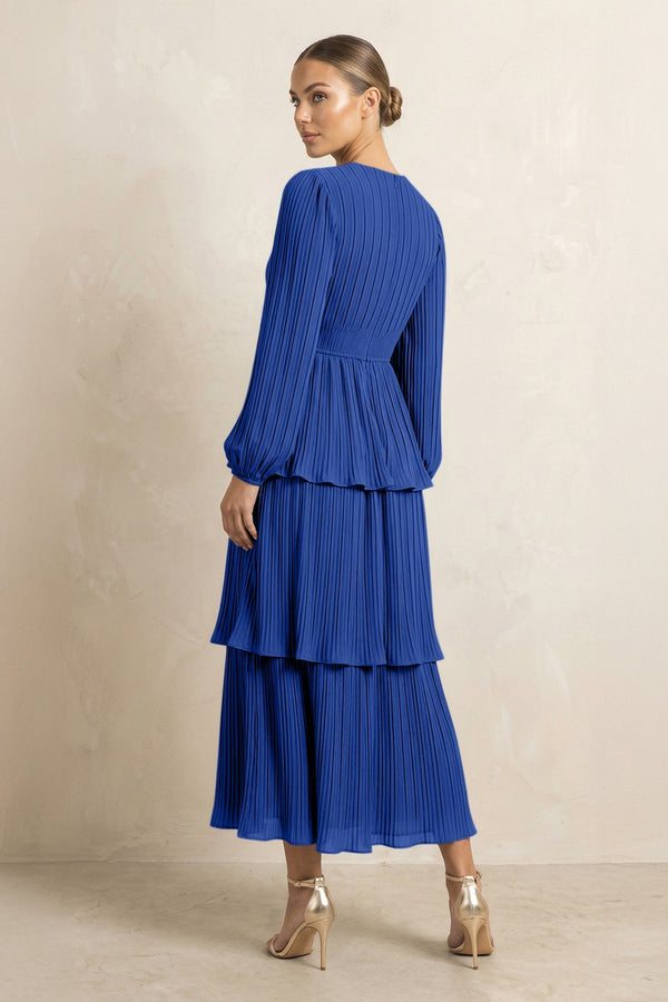 V - Neck Tiered A - Line Chiffon Midi Bridesmaid Dress in Royal Blue - KissProm Bridesmaid Dresses