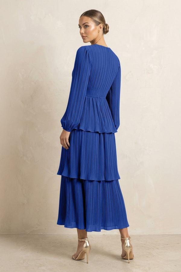 V - Neck Tiered A - Line Chiffon Midi Bridesmaid Dress in Royal Blue - KissProm Bridesmaid Dresses