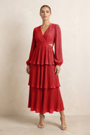 V - Neck Tiered A - Line Chiffon Midi Bridesmaid Dress in Ruby Red - KissProm Bridesmaid Dresses