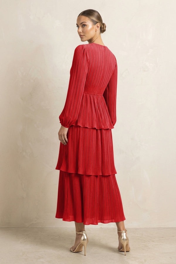 V - Neck Tiered A - Line Chiffon Midi Bridesmaid Dress in Ruby Red - KissProm Bridesmaid Dresses