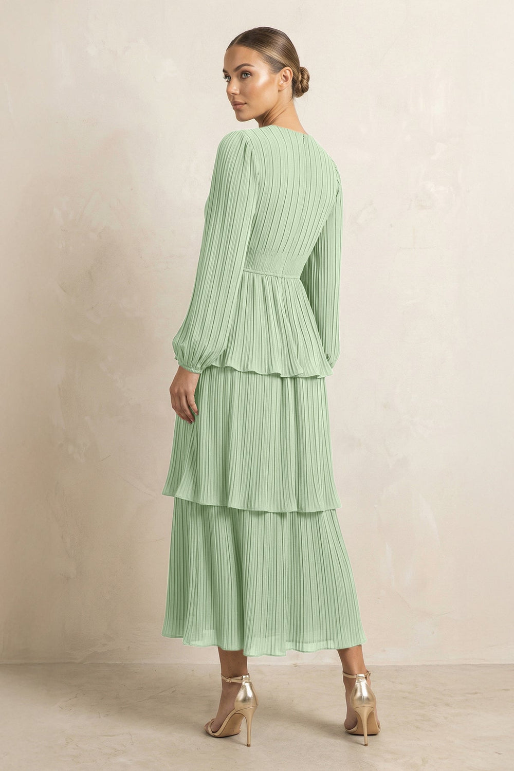 V - Neck Tiered A - Line Chiffon Midi Bridesmaid Dress in Sage - KissProm Bridesmaid Dresses
