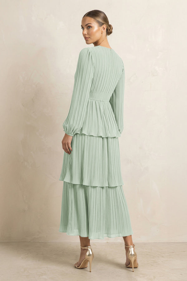 V - Neck Tiered A - Line Chiffon Midi Bridesmaid Dress in Sage - KissProm Bridesmaid Dresses