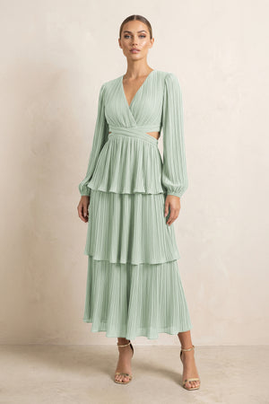 V - Neck Tiered A - Line Chiffon Midi Bridesmaid Dress in Sage - KissProm Bridesmaid Dresses