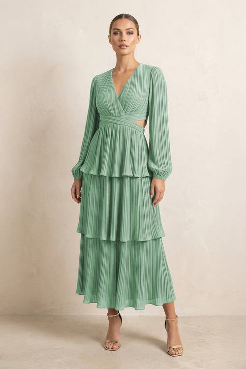 V - Neck Tiered A - Line Chiffon Midi Bridesmaid Dress in Sea Glass - KissProm Bridesmaid Dresses