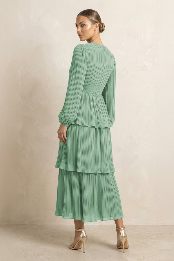 V - Neck Tiered A - Line Chiffon Midi Bridesmaid Dress in Sea Glass - KissProm Bridesmaid Dresses