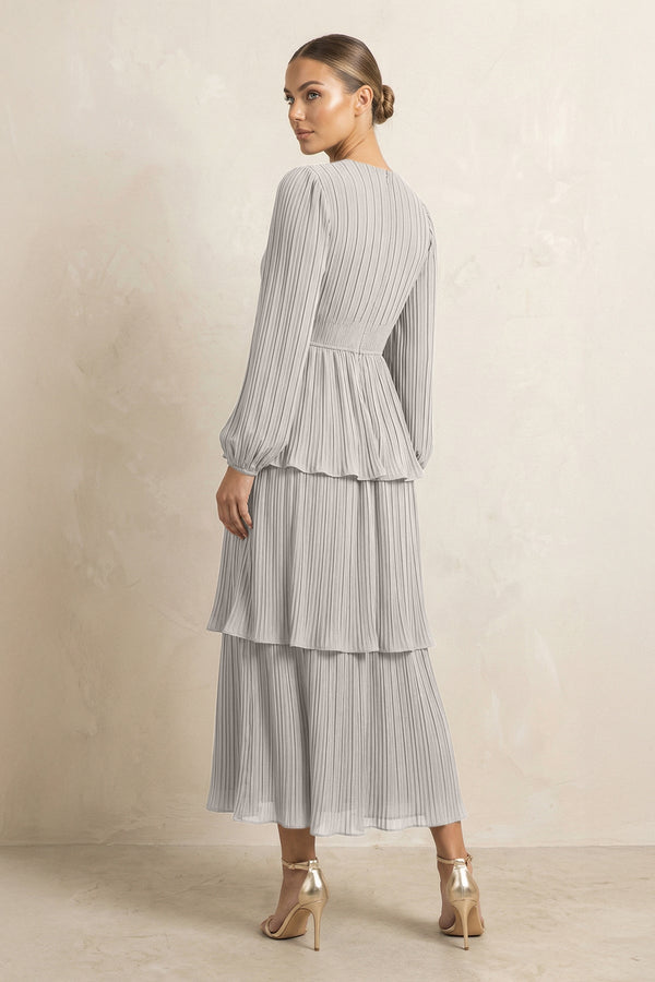 V - Neck Tiered A - Line Chiffon Midi Bridesmaid Dress in Silver - KissProm Bridesmaid Dresses