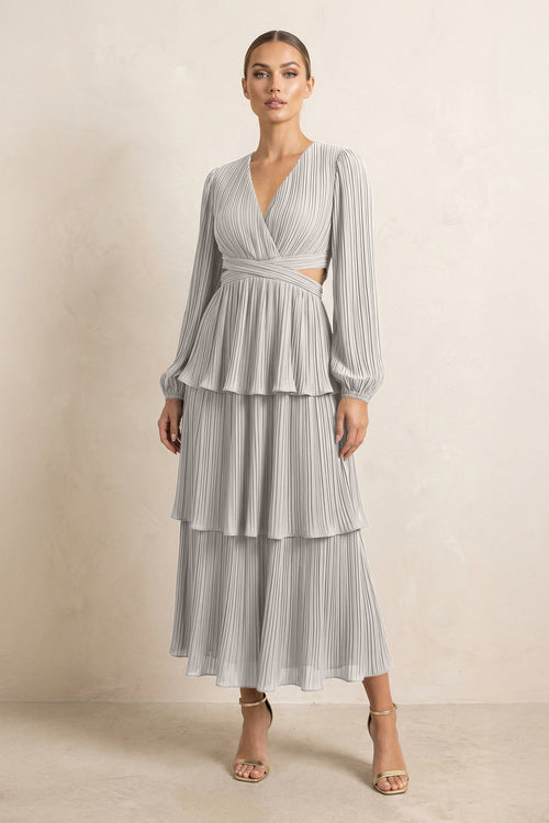 V - Neck Tiered A - Line Chiffon Midi Bridesmaid Dress in Silver - KissProm Bridesmaid Dresses