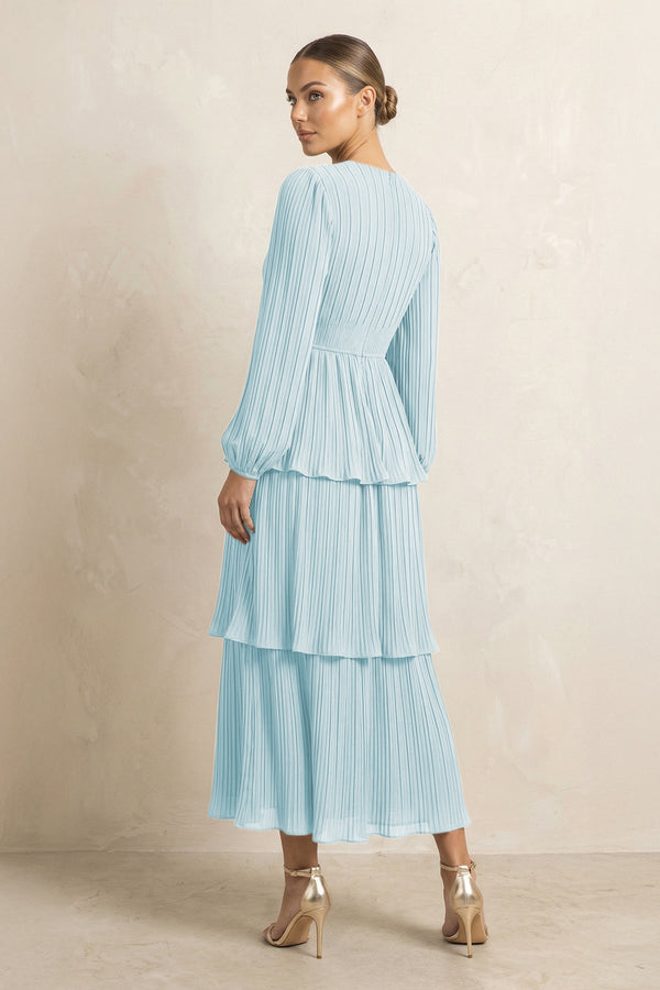 V - Neck Tiered A - Line Chiffon Midi Bridesmaid Dress in Sky Blue - KissProm Bridesmaid Dresses