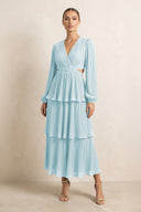 V - Neck Tiered A - Line Chiffon Midi Bridesmaid Dress in Sky Blue - KissProm Bridesmaid Dresses