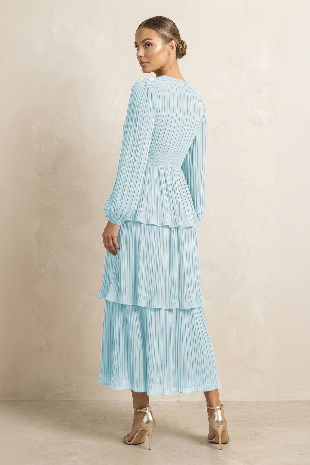 V - Neck Tiered A - Line Chiffon Midi Bridesmaid Dress in Sky Blue - KissProm Bridesmaid Dresses