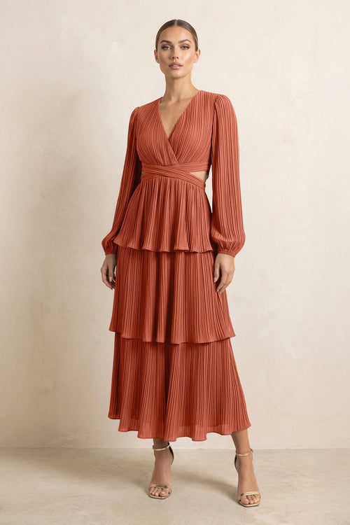 V - Neck Tiered A - Line Chiffon Midi Bridesmaid Dress in Spice - KissProm Bridesmaid Dresses