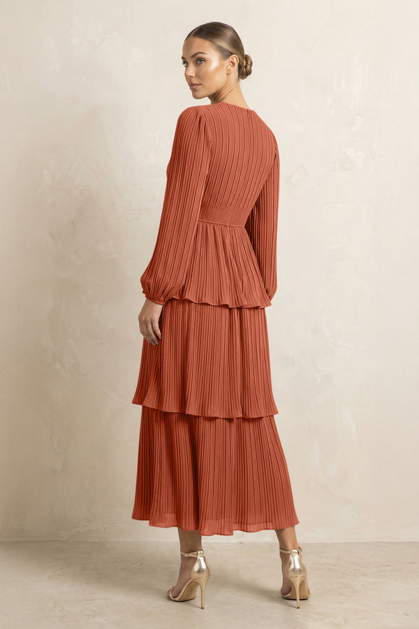 V - Neck Tiered A - Line Chiffon Midi Bridesmaid Dress in Spice - KissProm Bridesmaid Dresses