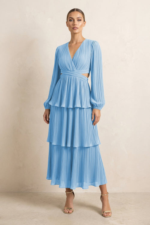 V - Neck Tiered A - Line Chiffon Midi Bridesmaid Dress in Steel Blue - KissProm Bridesmaid Dresses