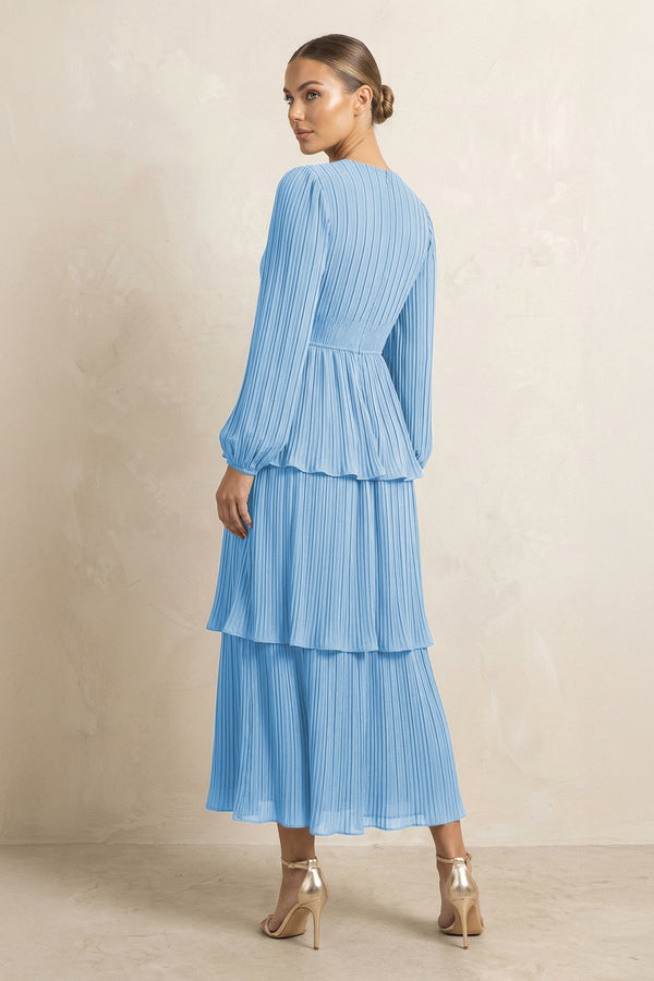 V - Neck Tiered A - Line Chiffon Midi Bridesmaid Dress in Steel Blue - KissProm Bridesmaid Dresses