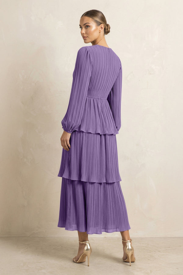 V - Neck Tiered A - Line Chiffon Midi Bridesmaid Dress in Tahiti - KissProm Bridesmaid Dresses