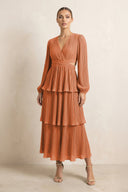 V - Neck Tiered A - Line Chiffon Midi Bridesmaid Dress in Terracotta - KissProm Bridesmaid Dresses
