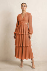 V - Neck Tiered A - Line Chiffon Midi Bridesmaid Dress in Terracotta - KissProm Bridesmaid Dresses