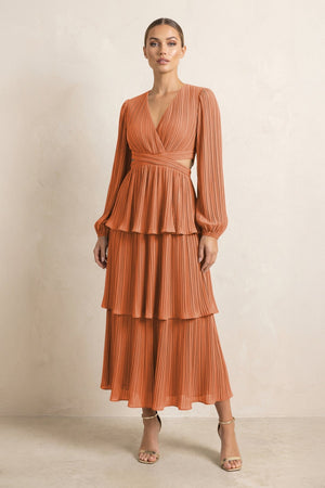 V - Neck Tiered A - Line Chiffon Midi Bridesmaid Dress in Terracotta - KissProm Bridesmaid Dresses