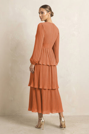 V - Neck Tiered A - Line Chiffon Midi Bridesmaid Dress in Terracotta - KissProm Bridesmaid Dresses